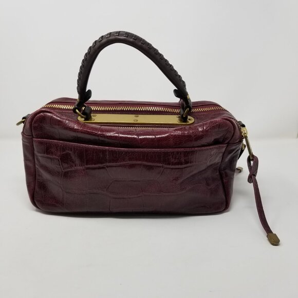 Badgley Mischka Dark Burgundy Red Faux Croc Embossed Leather & Brown Handbag - Picture 2 of 16